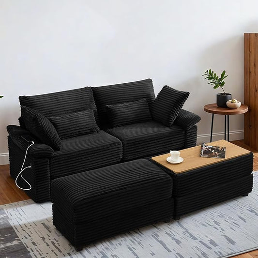 75 Loveseat with Reversible Storage Ottoman USB &amp Type-C Ports Corduroy Double Chaise Lounge Couch for Living Room (Black)