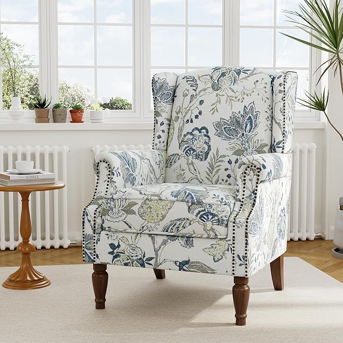 Floral High Back Accent Chair Upholstered Armchair with Solid Wood Legs Comfy Wingback Reading Single Sofa Chair for Small Spaces Living Room Bedroom(Floral Plants Blue Set of 2)