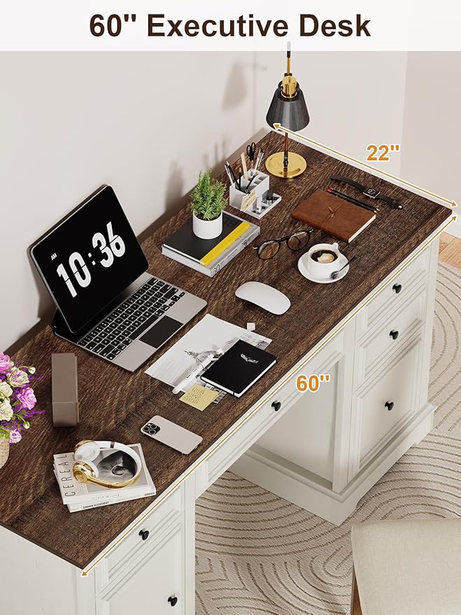 Vipbear 60 Farmhouse Executive Desk with Drawers and Cabinet Embossed Texture Wood Home Office Desk Rustic Computer Writing Desk Workspace for Work Study Writing