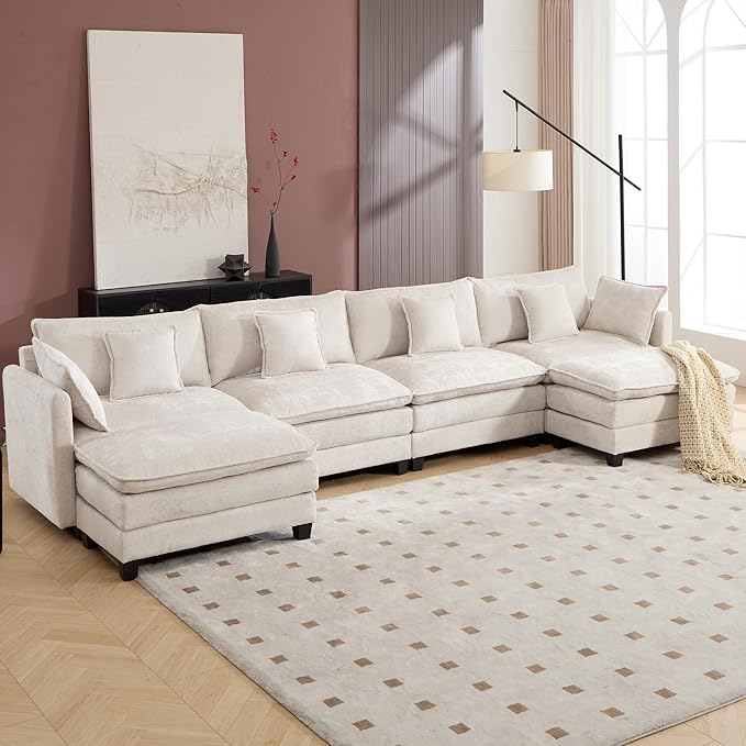 Cloud Modular Sectional Sofa U-Shaped Deep Seat Oversized Couch for Large Living Room Pet-Friendly Chenille Fabric Sofa Set with Ottoman for Family Movie Nights