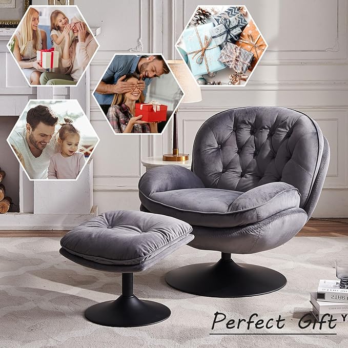 Swivel Accent Chair with Ottoman Set Velvet Modern Lounge Armchair with Metal Base Frame &amp Footrest Comfy Lazy Single Leisure Chair with 360 Swiveling for Living Room/Bedroom/Grey