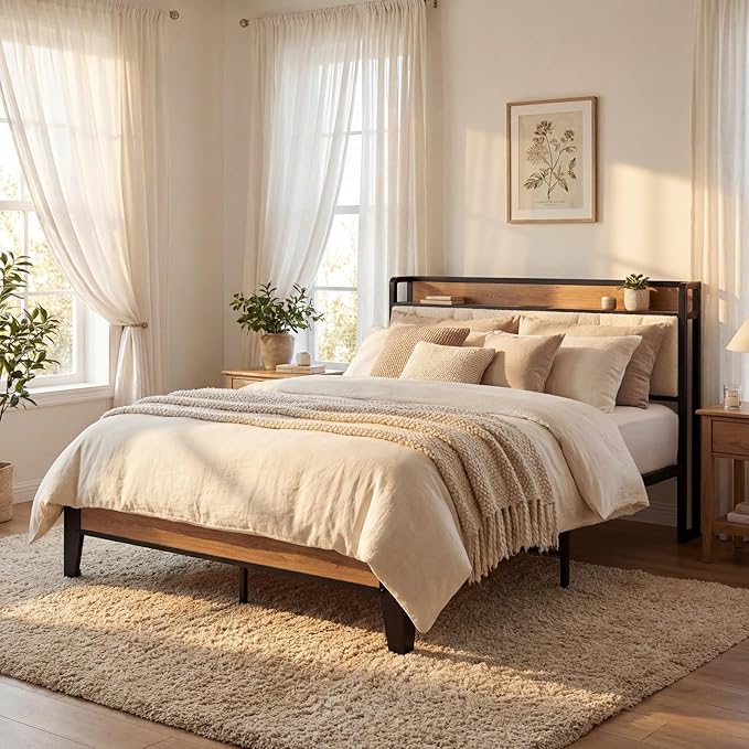 LIKIMIO Full Bed Frames Storage Headboard with Charging Station Solid and Stable Noise Free No Box Spring Needed Easy Assembly Wood and Cream