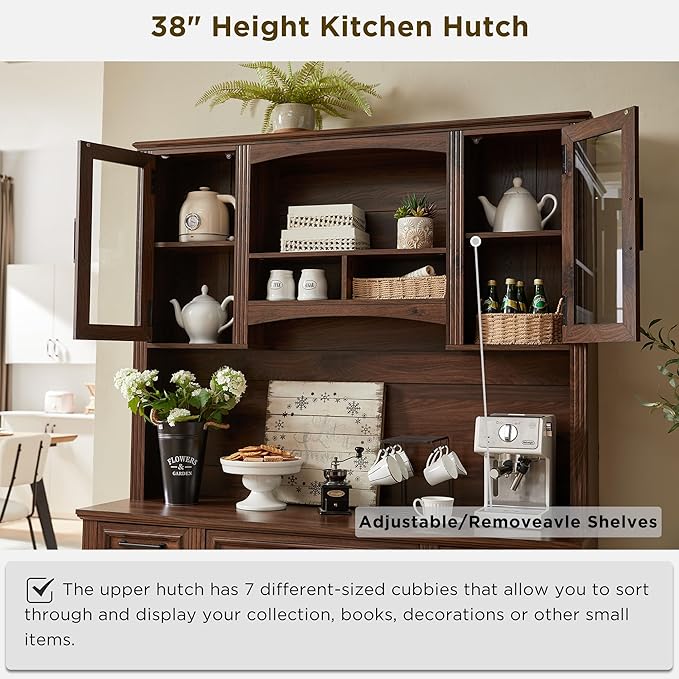 JXQTLINGMU Farmhouse 76 Height Computer Desk with Hutch Office Desk with Charging Station Drawers and Storage Cabinet Workstation for Office Home Brown