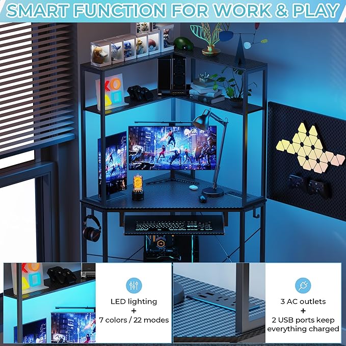 Corner Desk with Hutch and LED Lights Corner Computer Desk with Keyboard Tray and Monitor Stand Small Computer Desk for Small Spaces Home Office（Carbon Black）