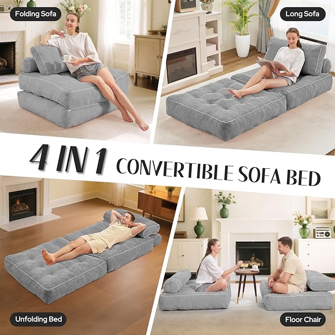 HABUTWAY Folding Sofa Bed Convertible Sleeper Chair Bed w/Dual-Pillow &amp Handle Foldable Floor Sofa Lounge w/Back Support for Living Room Bedroom Apartment Office Single Light Grey