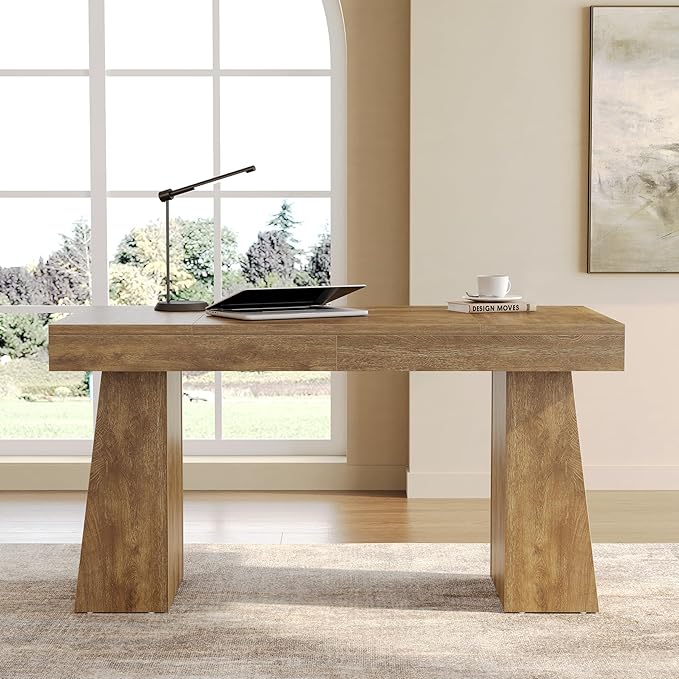 1Easylife 55 Inches Long Computer Desk Large Wooden Home Office Desk with Heavy Duty Pedestal Modern Simple Style Study Writing Table Oak