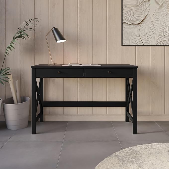 HOME DESIGN Beatrice Solid Wood Writing Desk 47.2 Inches Modern Home Office Desk with Spacious Tabletop &amp Built-in Storage Drawers Durable Design Easy Assembly Black