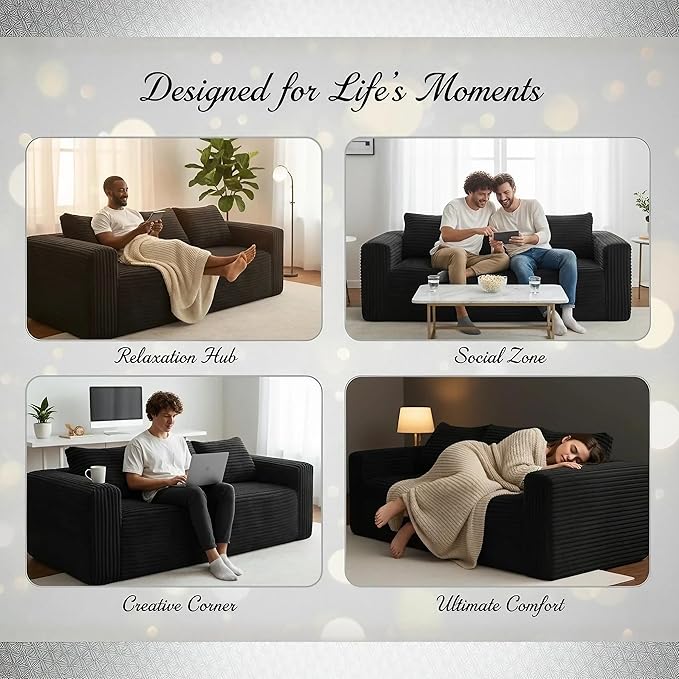 Cloud Sofa Couch in a Box Small Boneless Couch for Living Room Compressed Cloud Boneless Sofa with Memory Foam Modern Corduroy Loveseat 3 Seater Black