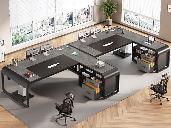 SEDETA 61 Inch Executive Desk Large Office Desk with File Drawer L Shaped Desk with Drawers Computer Desk with Mobile CPU Stand Storage Shelves Power Outlets for Home Office Gray