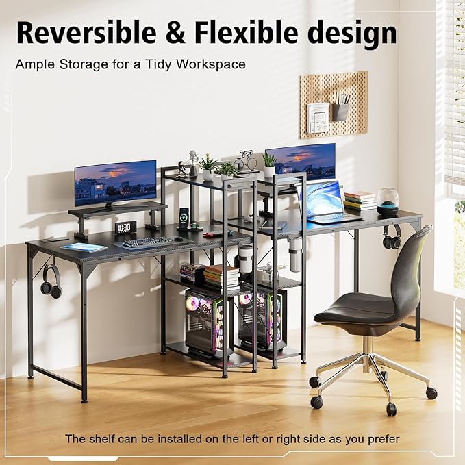 55 Inch Gaming Desk with LED Light Computer Desk with Reversible Storage Shelves and Power Outlets for Home Office Black