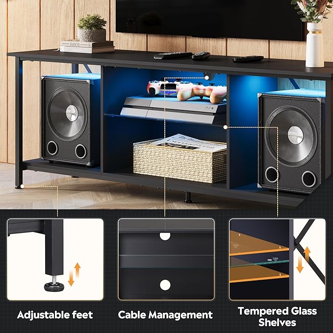 WLIVE Industrial TV Stand with LED Lights for Up to 65 TVs Waterproof &amp Scratch-Resistant Adjustable Shelves Modern Entertainment Center for Living Room Black