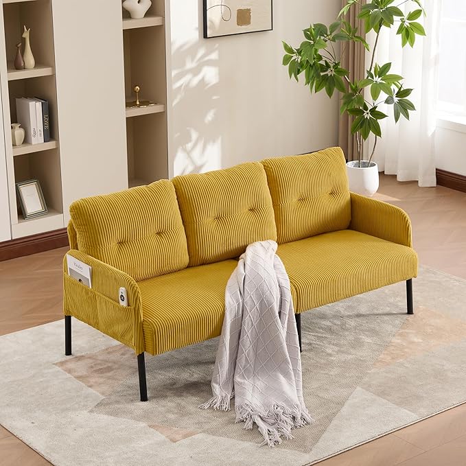 KEIKI 67 Corduroy Loveseat Sofa with Double Side Pockets &amp High Resilience Cushion Modern Style Upholstery Oversized 2-Seater Couch with Metal Legs Easy Assembly for Living Room Yellow