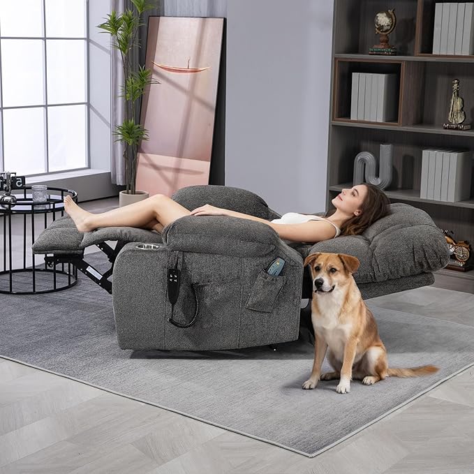 Oversized Power Recliner Chair for Big and Tall 400 LBS 25.5 Extra Wide Electric Lift Chair with Heat and Massage Dual Motor 180° Lay Flat Recliner Living Room Sofa Chenille Big Lift Chair