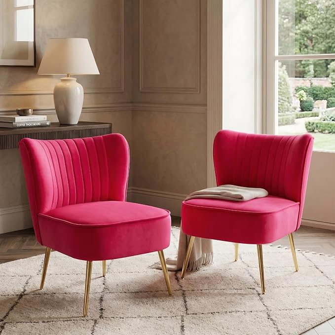 DUOMAY Modern Accent Chair Set of 2 Velvet Slipper Chair with Gold Legs Wingback Side Chair for Living Room Bedroom Entryway Small Corner Chair for Space Saving Rose Red