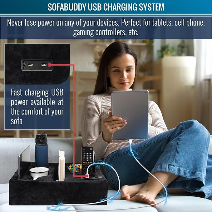 Couch Cup Holder &amp Organizer with USB Charging Ports – Sofa Caddy for Drinks Remotes Snacks &amp More – Perfect Couch Accessory with Anti-Slip Design