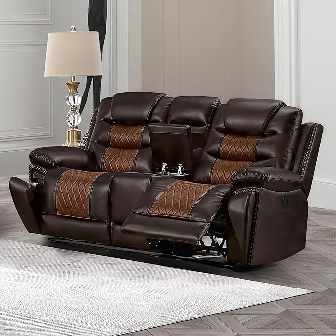 New Classic Furniture Nikko Faux Leather Console Loveseat with Power Footrest Brown