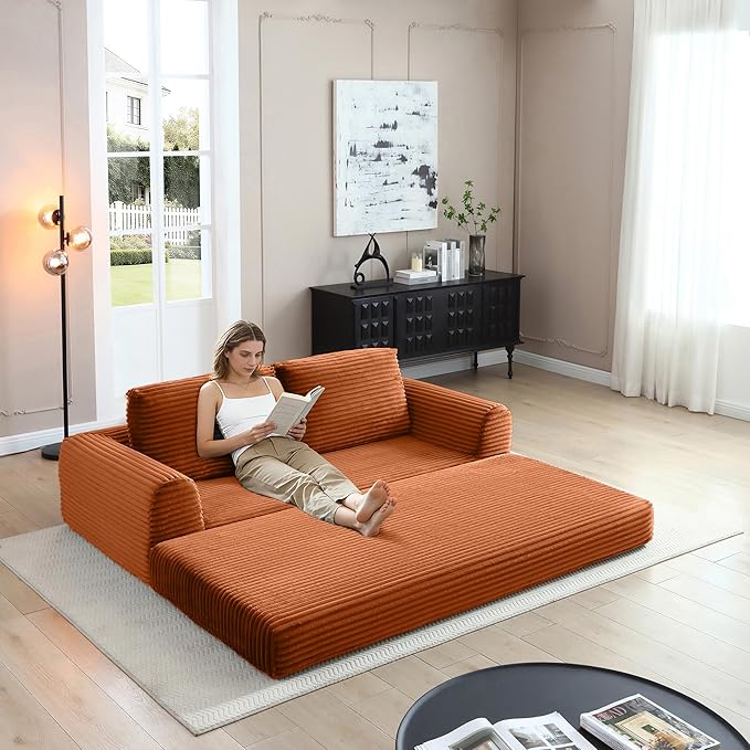 82 Corduroy Convertible Boneless Couch with Pull-Out Bed 2 in-1 Folding Convertible Sofa Bed with Pillows Loveseat Floor Sofa Couches for Living Room No Assembly Required (Orange) | Breathable Mat