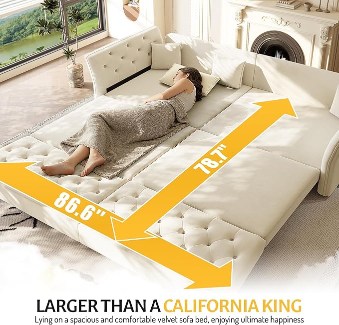 100'' Pull Out Couch King Size Velvet Sleeper Sofa with Flower-Tuffed Back Chesterfield Convertible Futon Sofa Bed 4 Pillows 4-Seater Deep Couches for Living Room Small Spaces Beige