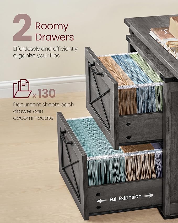 VASAGLE File Cabinet Filing Cabinet with 2 File Drawers Printer Stand Fit A4 Letter Size Hanging File Folders Modern Farmhouse Style for Home Office Misty Gray UOFC048G01