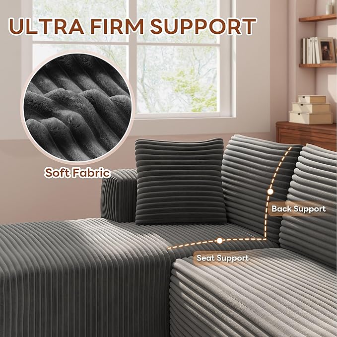 No-Assembly Cloud Sectional Sofa with L-Shaped Chaise Modern Modular Design for Living Room Features Deep Seat and Plush Corduroy Fabric Effortless Setup for Instant ComfortGrey