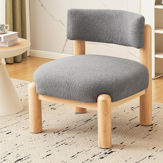Furniliving Oversized Modern Accent Chair Boucle Fabric Upholstered Armless Chair Assembly Free Comfy Living Room Chair with Solid Wood for Home Decor Grey