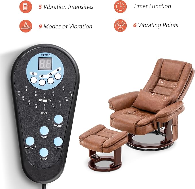 MCombo Swivel Recliner with Ottoman Chair TV Chair Sets with Vibration Massage for Small Space Living Room Bedroom 9096 9099 (Faux Leather Saddle)