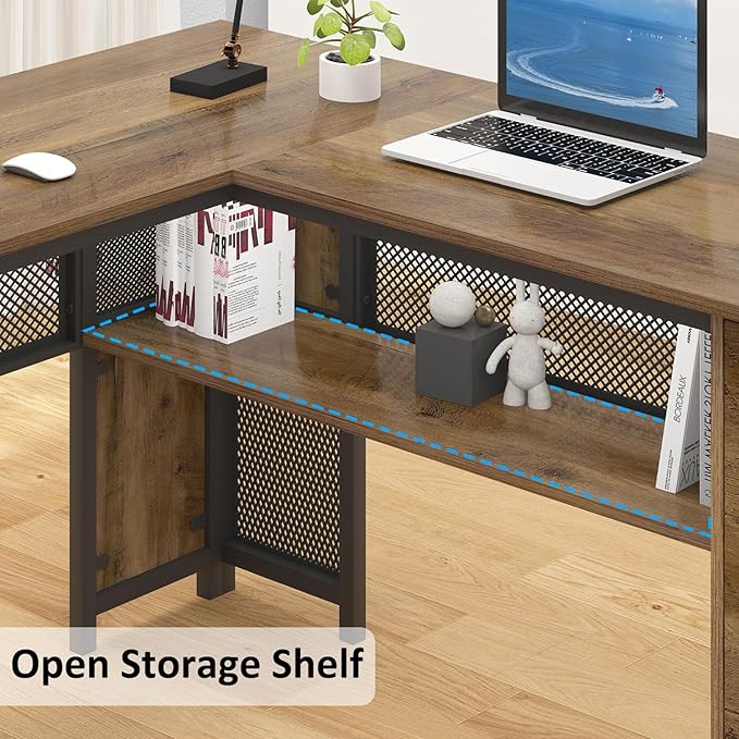 HSH Large L Shaped Home Office Desk with Drawers Rustic L-shaped Computer Desk with Storage File Cabinet Shelves Corner Reversible Metal Wood Executive Work Study Writing Table 59 Inch Bedroom Desk