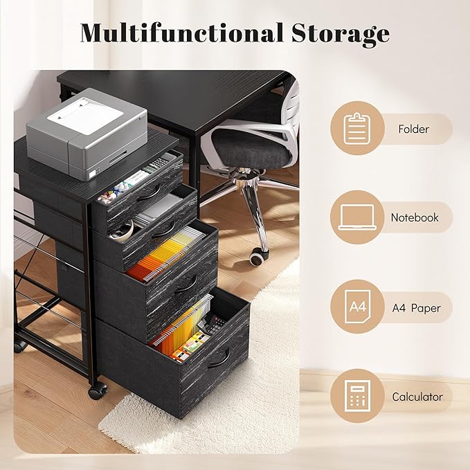 4 Drawers Mobile File Cabinet Vertical Filing Cabinet with Fabric Drawer Fits A4/Letter Size Printer Stand for Home OfficeBlack