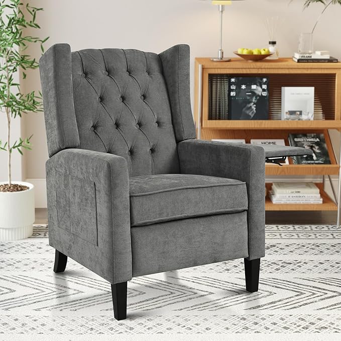Pushback ReclinerComfortable Wingback Sofa Chair with Adjustable Backrest Tufted Fabric Upholstered ArmchairRetro Rivets Decorated Recliner for Living Room Bedroom Office Home Theater (USB Gray)