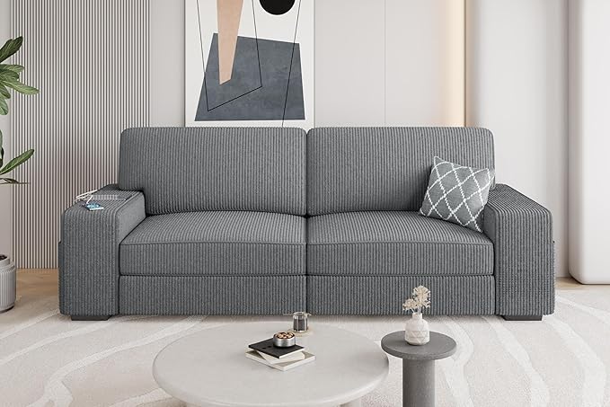 Yaheetech 83.5 W Modern Sofa Couch Corduroy Fabric Sofa with Detachable Cover USB Charging Ports &amp Side Storage Pockets for Living Room Apartment Dark Gray