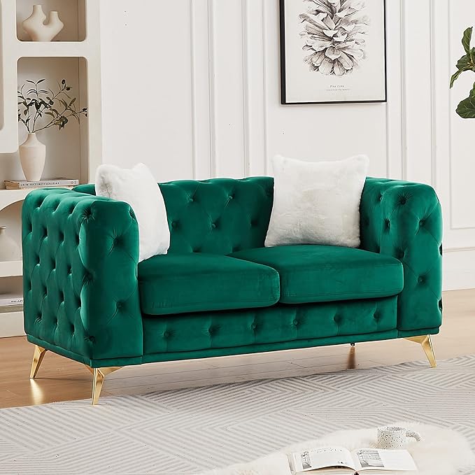 61.25'' Velvet Chesterfield Sofa Button Tufted Upholstered Love Seat Sofa Couch with 2 Pillows Golden Metal Feets Removable Thick Cushions Small Loveseat Couches for Living Room Apartment Green