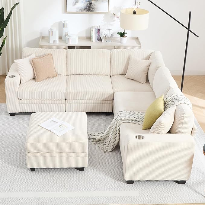 Modular Sectional Sofa Corduroy 6-Seater Corner Couch with Ottoman Chaise Convertible L-Shaped U-Shaped Sofa Sectional Couches for Living Room Apartment Beige
