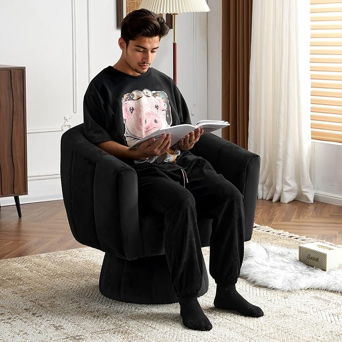 Karl home Swivel Accent Chair Set of 2 Comfy 360° Swivel Barrel Chair Modern Velvet Fabric Living Room Chair with Fluffy CushionsUpholstered Armchair for Living Room/Bedroom/Lounge Black