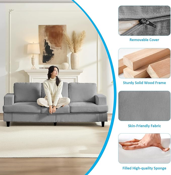 Mjkone 82 Width 2 Pieces Living Room Sofa Sets 3 Seater Sofas Couch and Loveseat Set Sofas Couches Living Room Furniture Sets Sectional 3-Seat Sofa + Loveseat Couch Set for Home Office Light Grey
