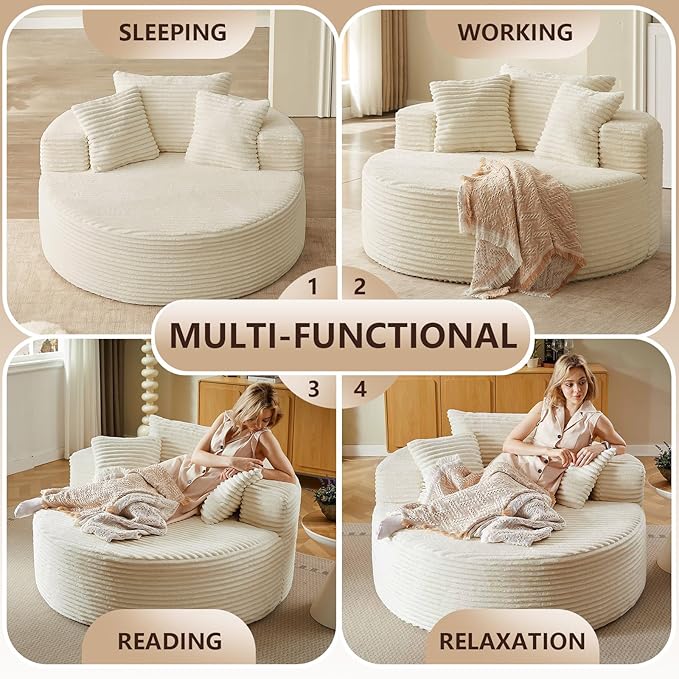 55''Oversized Round Chair Lounge Chaise IndoorCloud Boneless Large Circle Chair with Plush CorduroyNo Assembly RequiredFluffy Modern Sleeper Sofa Bed for ReadingLiving Room(BeigeFabric Upgrade)