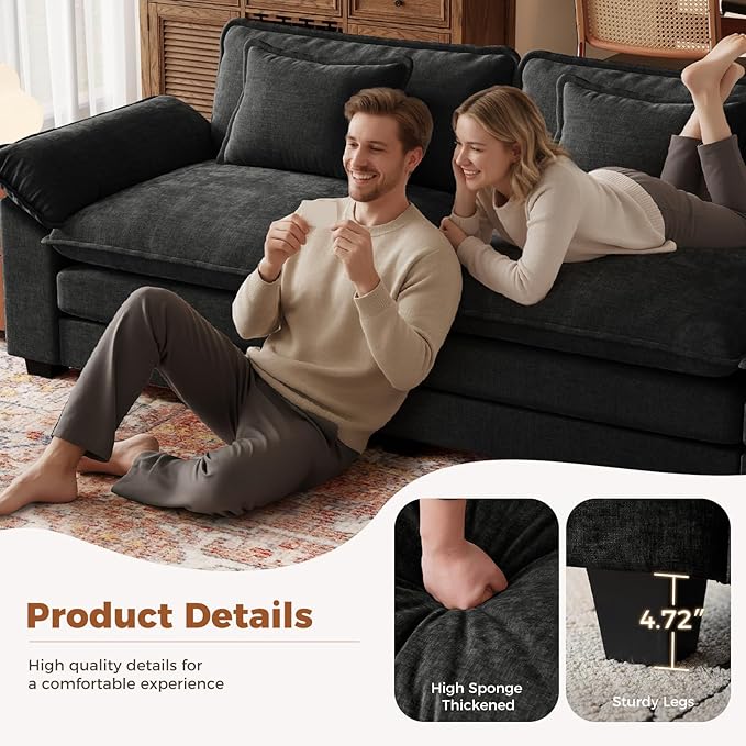CDCASA 117 Oversized L-Shaped Modular Sectional Cloud Couch with Corner Comfy 5-Seat Sofa w/Ottoman Chenille Deep Seat Modern Sofa Couch for Living Room Apartment DIY Combination Black
