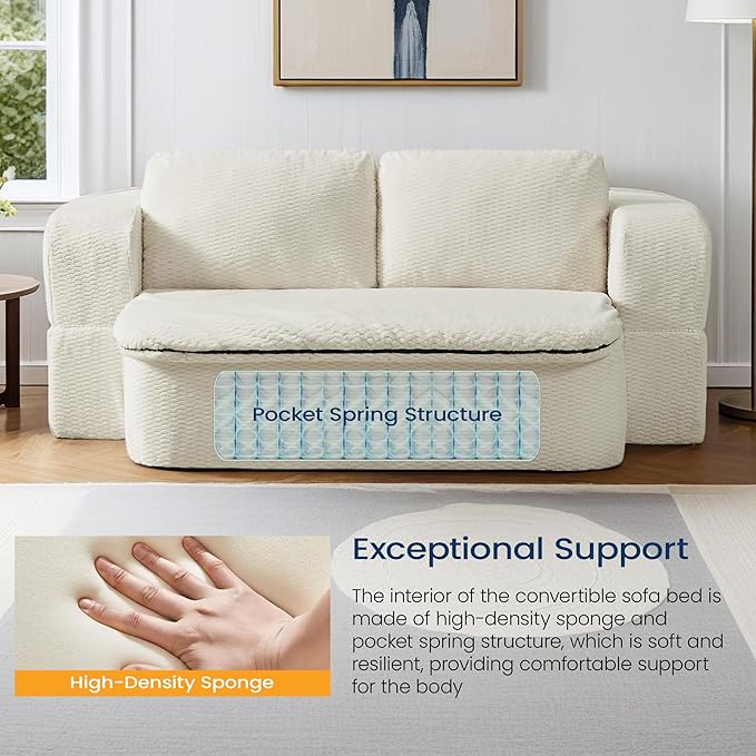 74.8 Inch Convertible Sleeper Sofa Bed Compressed Loveseat Sofa Folding Floor Mattress with Pillows and Blanket Small Couches for Living Room Bedroom Lounge No Assembly Required (Beige)