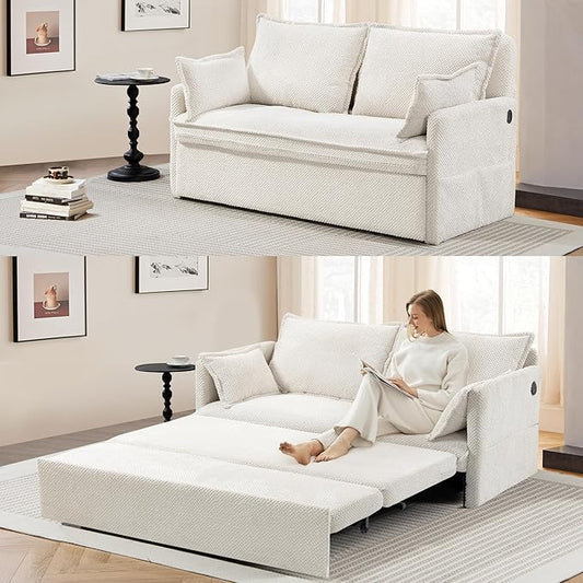SUNWAVE 60 Pull Out Sofa Bed - Convertible Sleeper Sofa Bed Corduroy Pull Out Couch Bed with USB Charging Side Pockets for Living Room Bedroom Small Spaces (Cream 60)