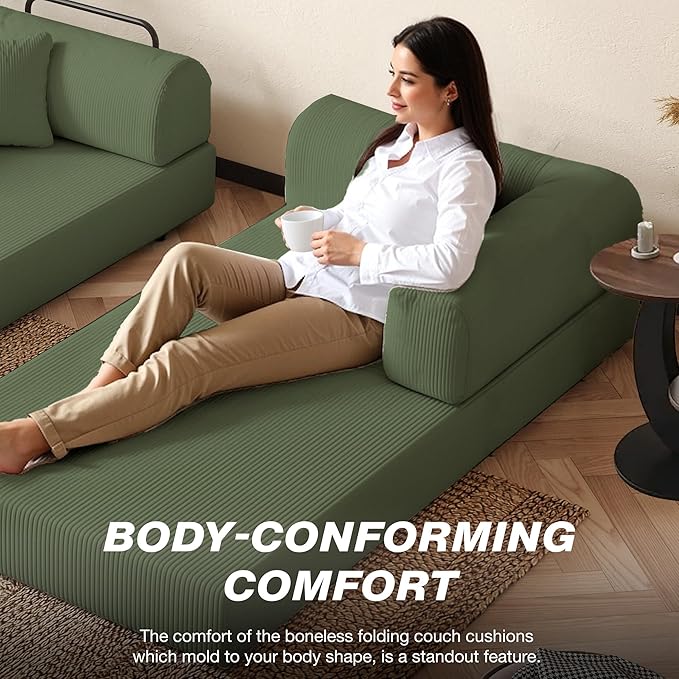 79'' Folding Sofa Bed 5-in-1 Convertible Sofa Bed BonelessComfy Foldable Foam Couch with Pillow Modular Floor Couch for Living RoomBedroomLounge - Corduroy OliveGreen