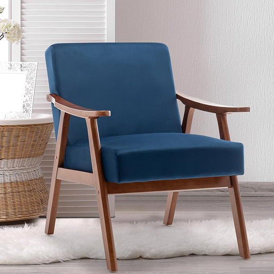 Mid Century Modern Accent Chairs with Solid Wood Frame Comfortable Accent Chair with Arms for Living Room or BedroomBlue