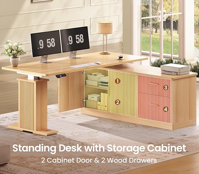 SEDETA L Shaped Electric Standing Desk 55 inch Height Adjustable Office Executive Desk with Storage Drawers Fluted Sit Stand Corner Computer Desk with Power Outlets for Home Office Oak