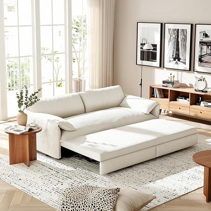 Homy Casa 66 3-in-1 Convertible Sofa Bed Queen Size Pull-Out Bed with Side Storage Velvet Loveseat Modern Sleeper Sofa for Living Room Office or Guest Room Beige