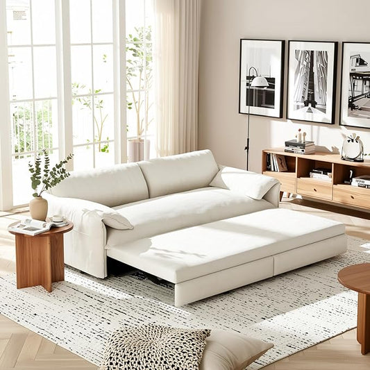 Homy Casa 66 3-in-1 Convertible Sofa Bed Queen Size Pull-Out Bed with Side Storage Velvet Loveseat Modern Sleeper Sofa for Living Room Office or Guest Room Beige