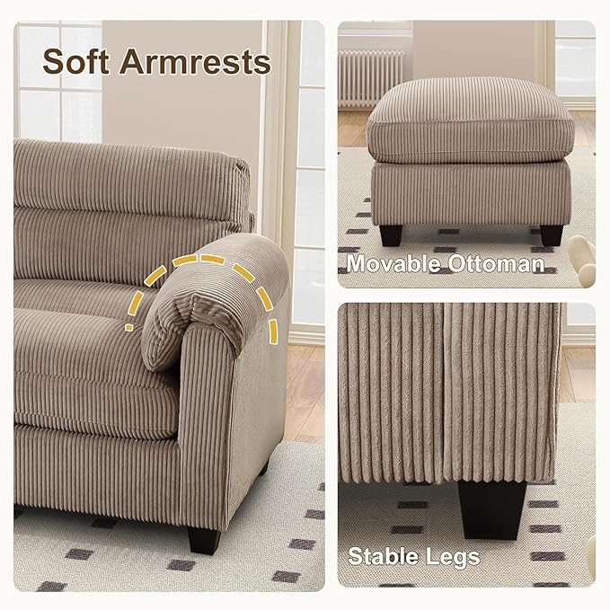 Corduroy Sofa Set Upholstered Ottoman Loveseat Set of 2with Plush Cushions and Rolled Arms Modern Living Room Furniture SetsBrown