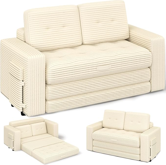Convertible Boneless Sofa Bed 2 in 1 Pull Out Loveseat Sleeper Sofabed Folding Couch Bed with Pillows for Living Room Bedroom Small Space Beige