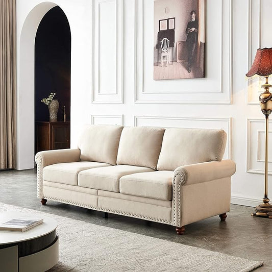 Lestar Fabric Sofa Couch 3 Seats Modern Upholstered Sofas 3 Seater Couches with Nails and Armrests (Beige)