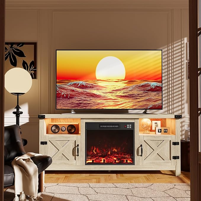 Furmax LED Entertainment Center with Fireplace Fireplace TV Stand with Storage Cabinets and 2 Open Shelves Modern Media TV Console for Living Room (Light Oak)