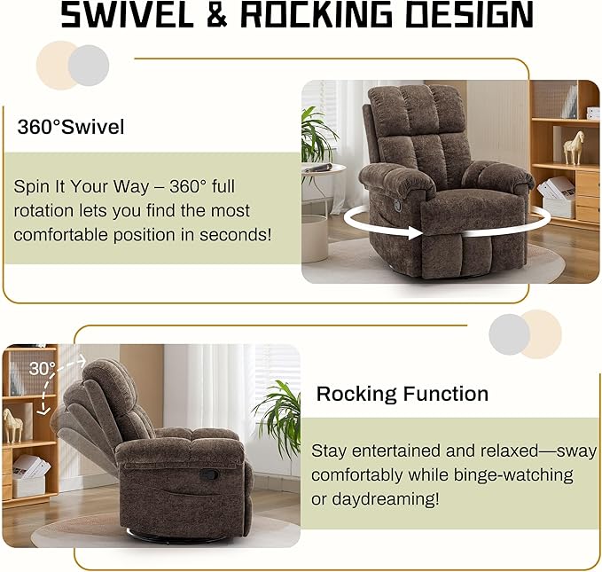 Recliner Chair Swivel Rocker Recliner Chair for Adults Small Recliners for Small Spaces Upholstered Manual Recliner with Side Pockets Nursery Rocking Chair for Living Room Chenille Brown