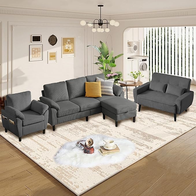 4 Pieces Corduroy Living Room Sets with Sofa Ottoman Loveseat and Chair