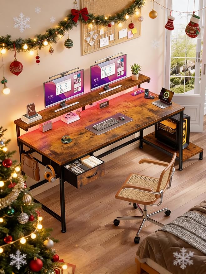 39.3Inch Office Desk with Power Outlet &amp Drawer Gaming Desk with CPU Stand&amp LED LightsComputer Desk with Ergonomic Monitor Stand for Small SpaceRustic Brown
